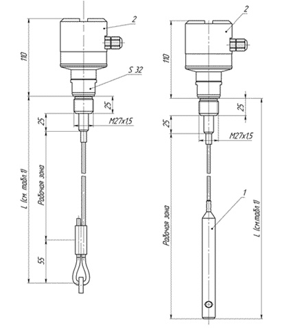 Описание: Габаритные, присоединительные размеры датчиков уровня РОС 400-1, РОС 400-4
