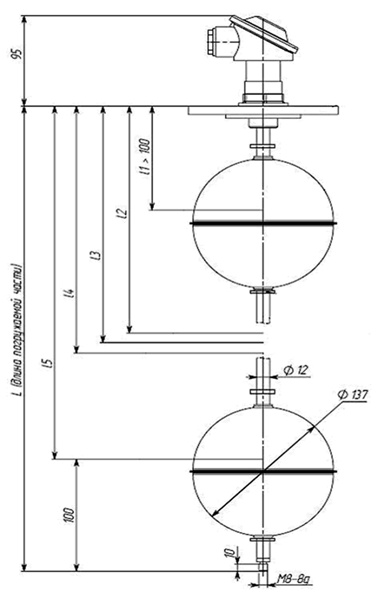 Описание: Габаритные, присоединительные размеры датчиков уровня РОС 400-1, РОС 400-4