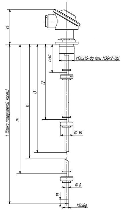 Описание: Габаритные, присоединительные размеры датчиков уровня РОС 400-1, РОС 400-4
