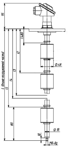 Описание: Габаритные, присоединительные размеры датчиков уровня РОС 400-1, РОС 400-4